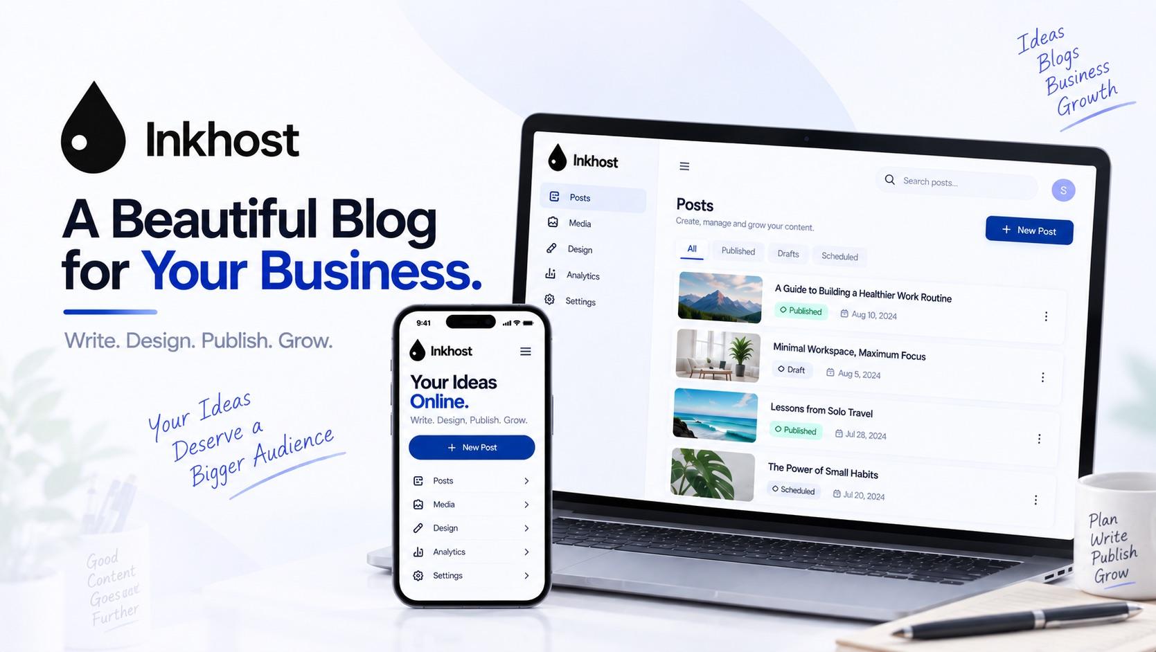 Inkhost — a beautiful hosted blogging platform for small businesses, shown on laptop and mobile with posts dashboard
