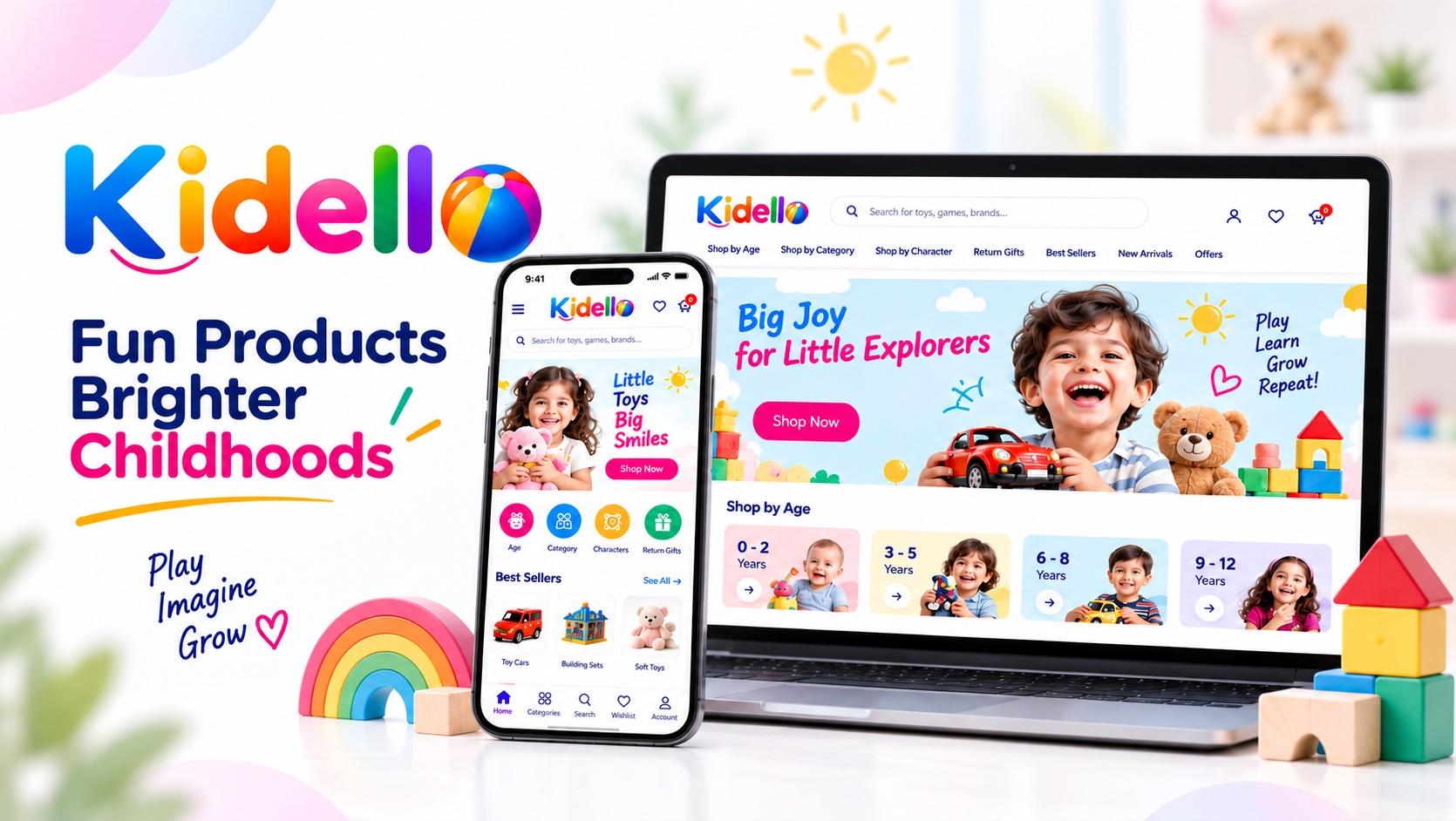 Kidello — online toy store with shop by age, return gifts and playful categories shown on laptop and mobile