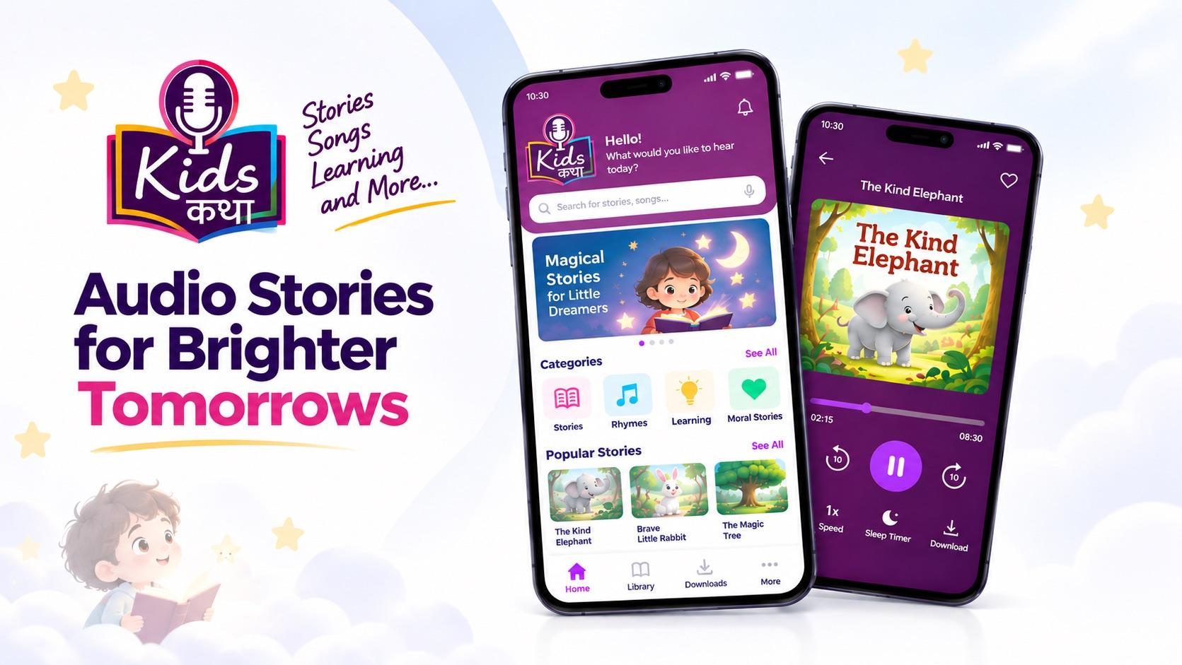 Kids Katha — audio storytelling app for children shown on two phones with feature highlights