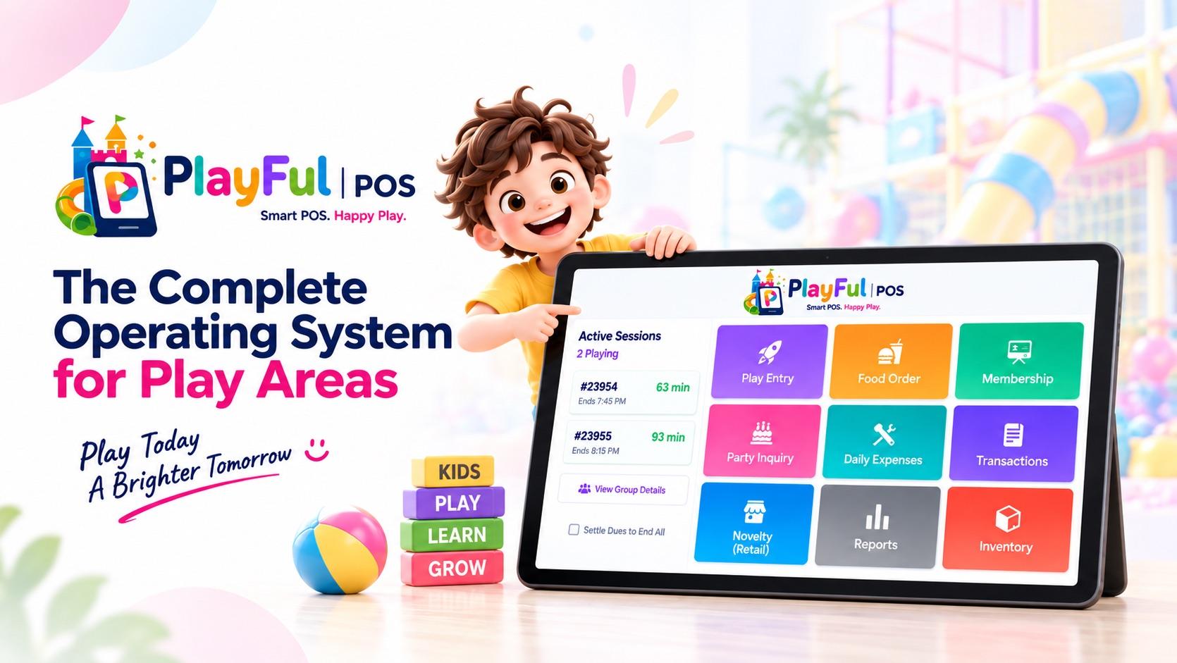 PlayFul POS — the complete operating system for play areas, shown on a tablet with play entry, food order, membership and other modules