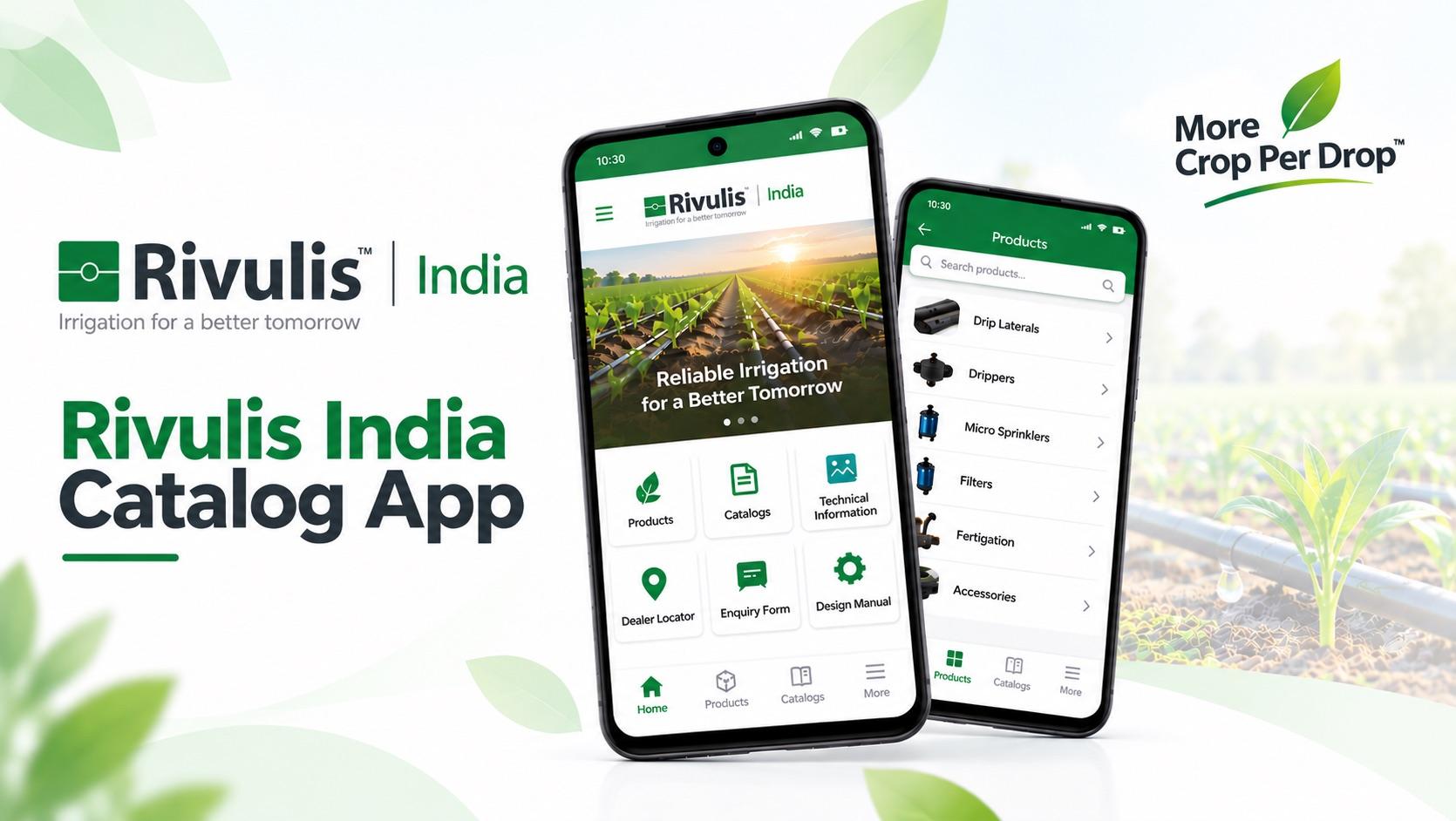 Rivulis India Catalog App — micro-irrigation product catalog, technical resources and dealer locator shown on two phones