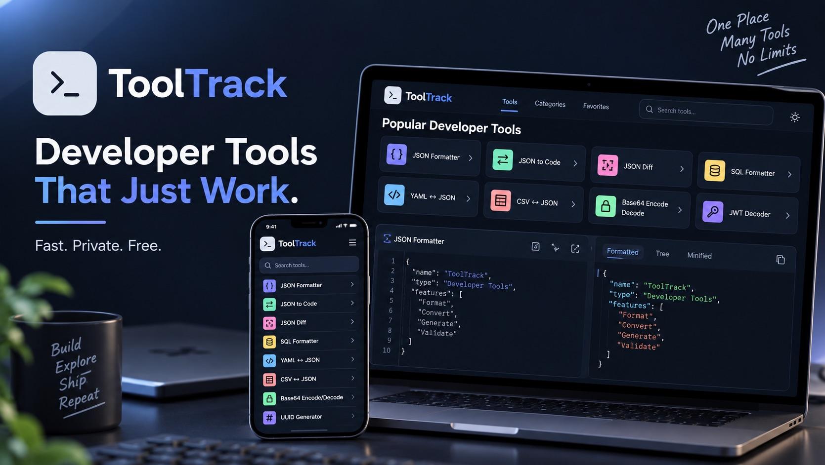 Tool Track — fast, privacy-focused developer utilities shown on laptop and mobile with JSON formatter and tools grid