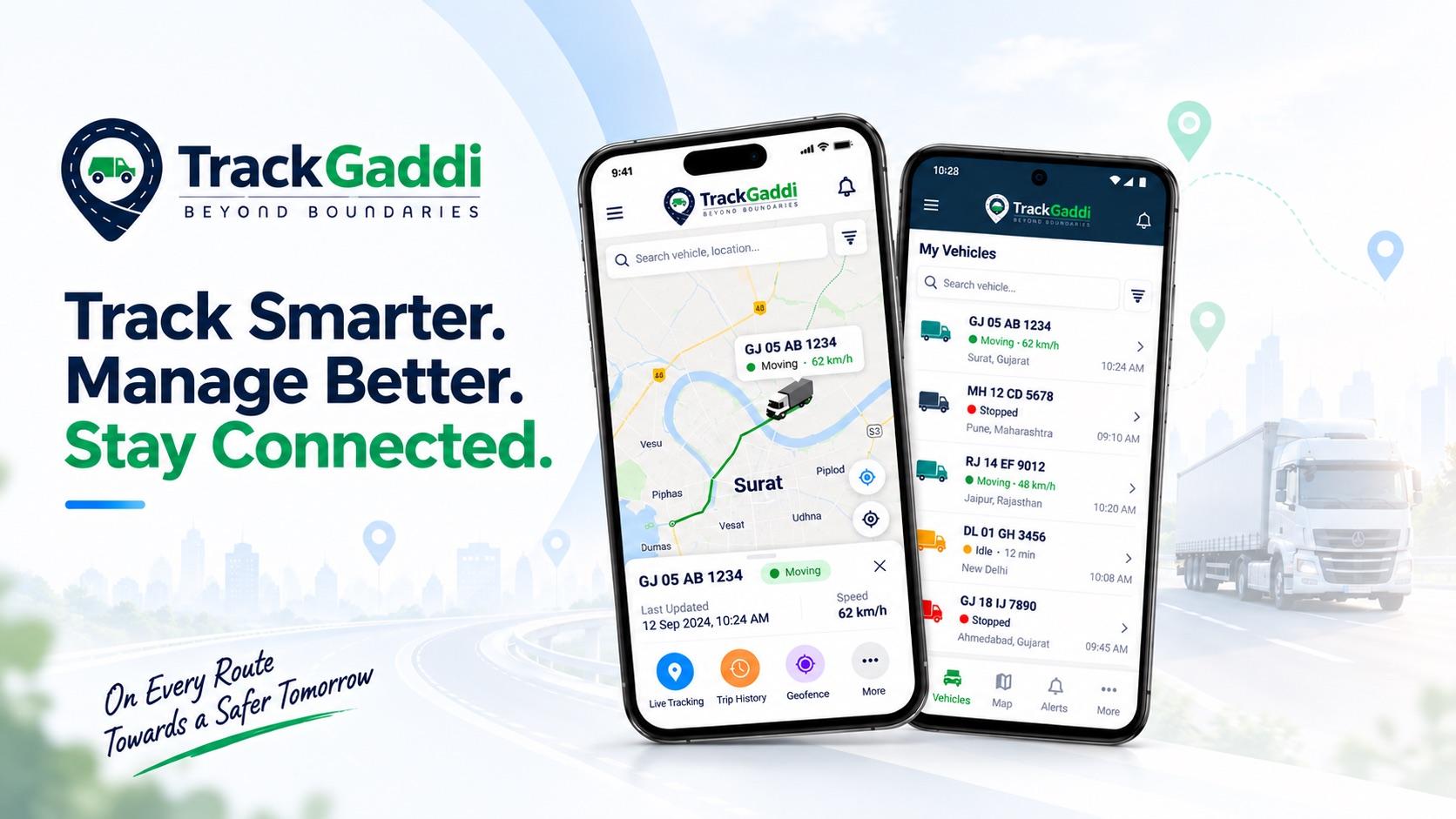 TrackGaddi — GPS vehicle tracking app shown on two phones with feature highlights