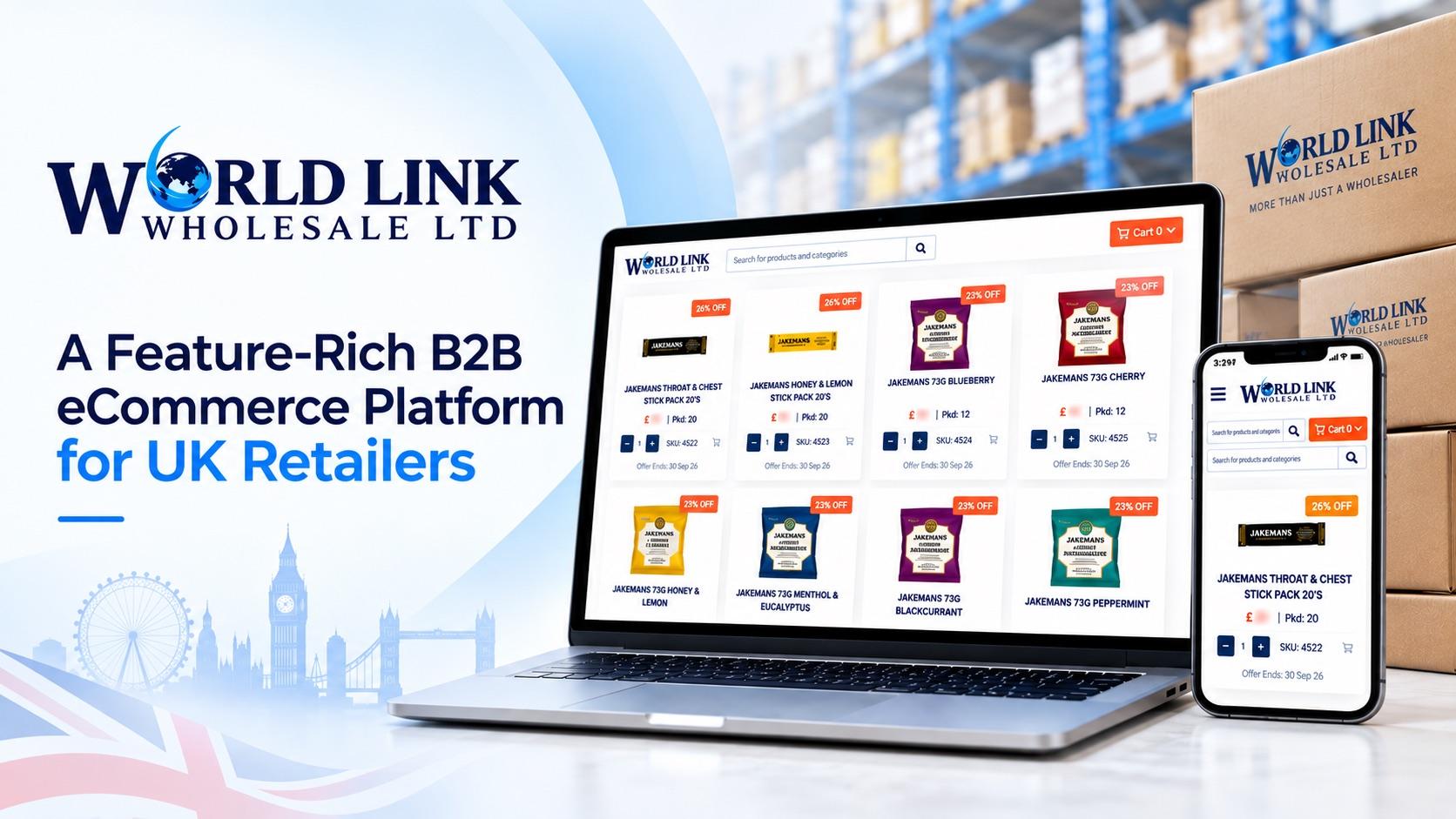 Worldlink Online — B2B wholesale eCommerce platform on laptop and mobile
